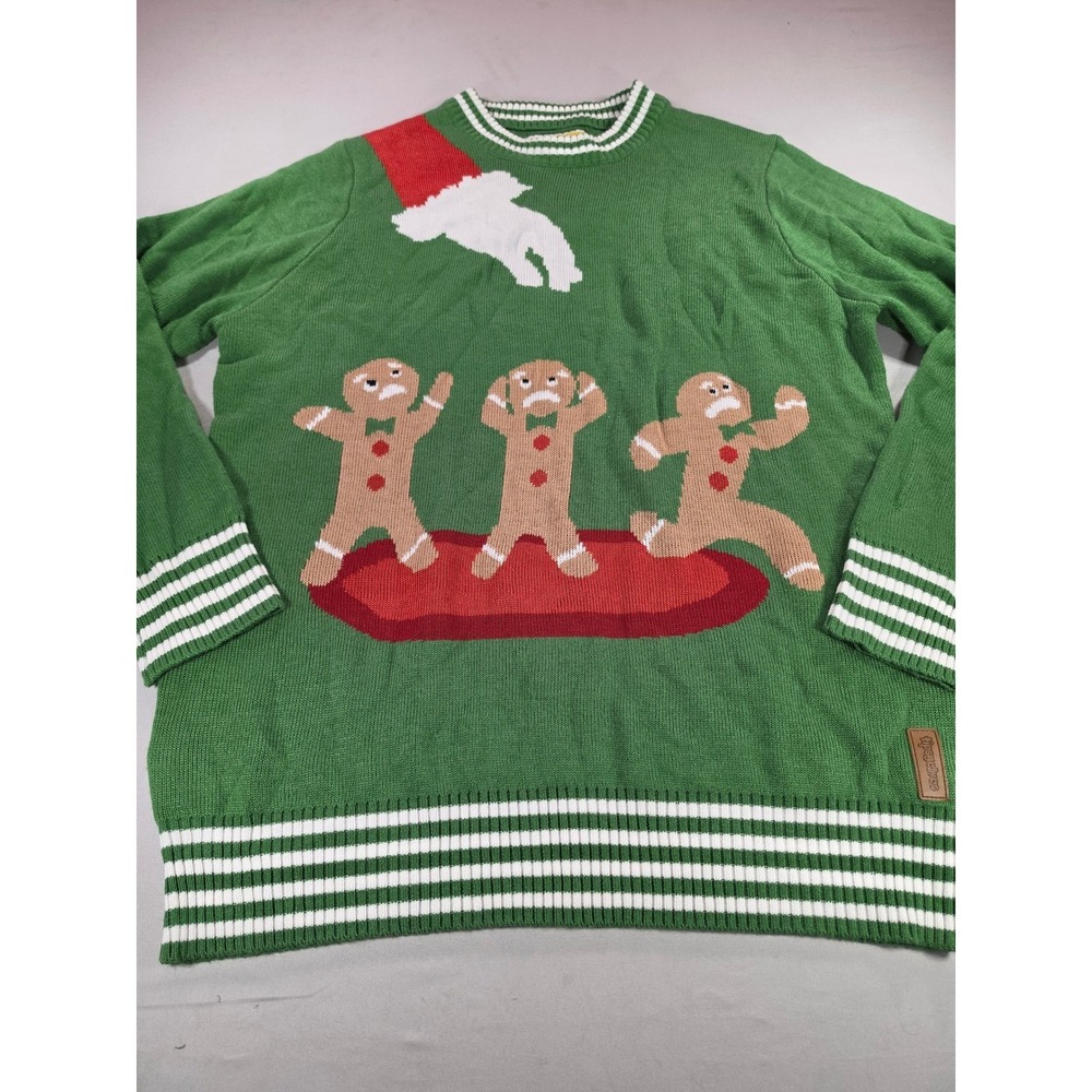 Tipsy Elves Gingerbread Men Holiday Sweater Green Mens XXL Striped Trim Knit